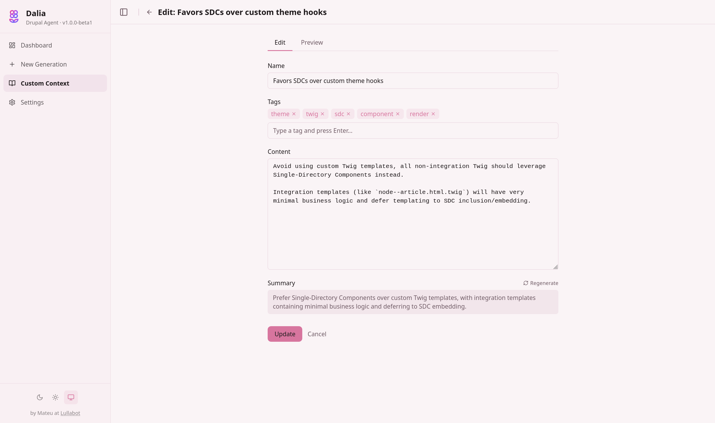Editing a custom context item with name, tags, markdown content, and auto-generated summary