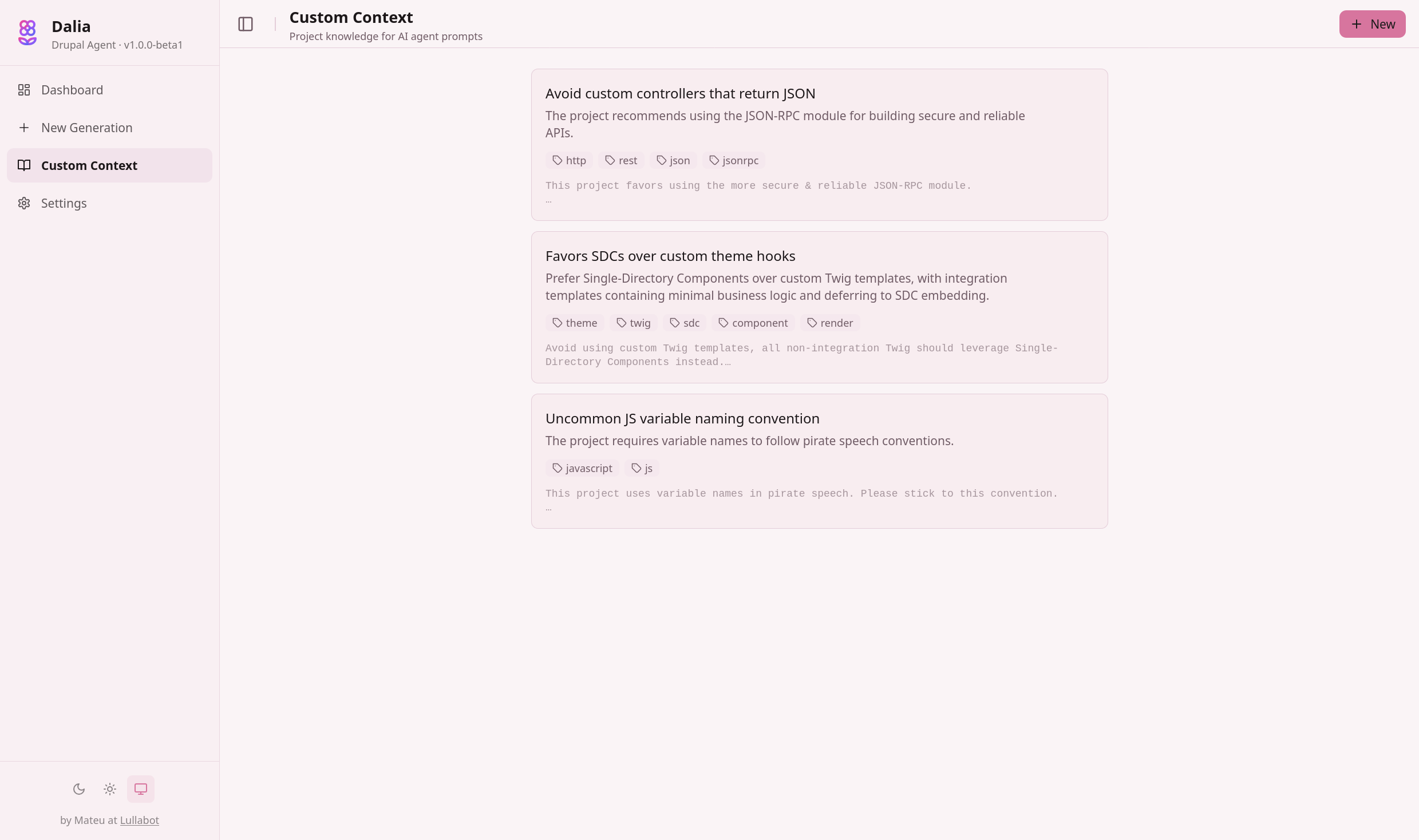 Custom Context page showing a list of project-specific context items with tags