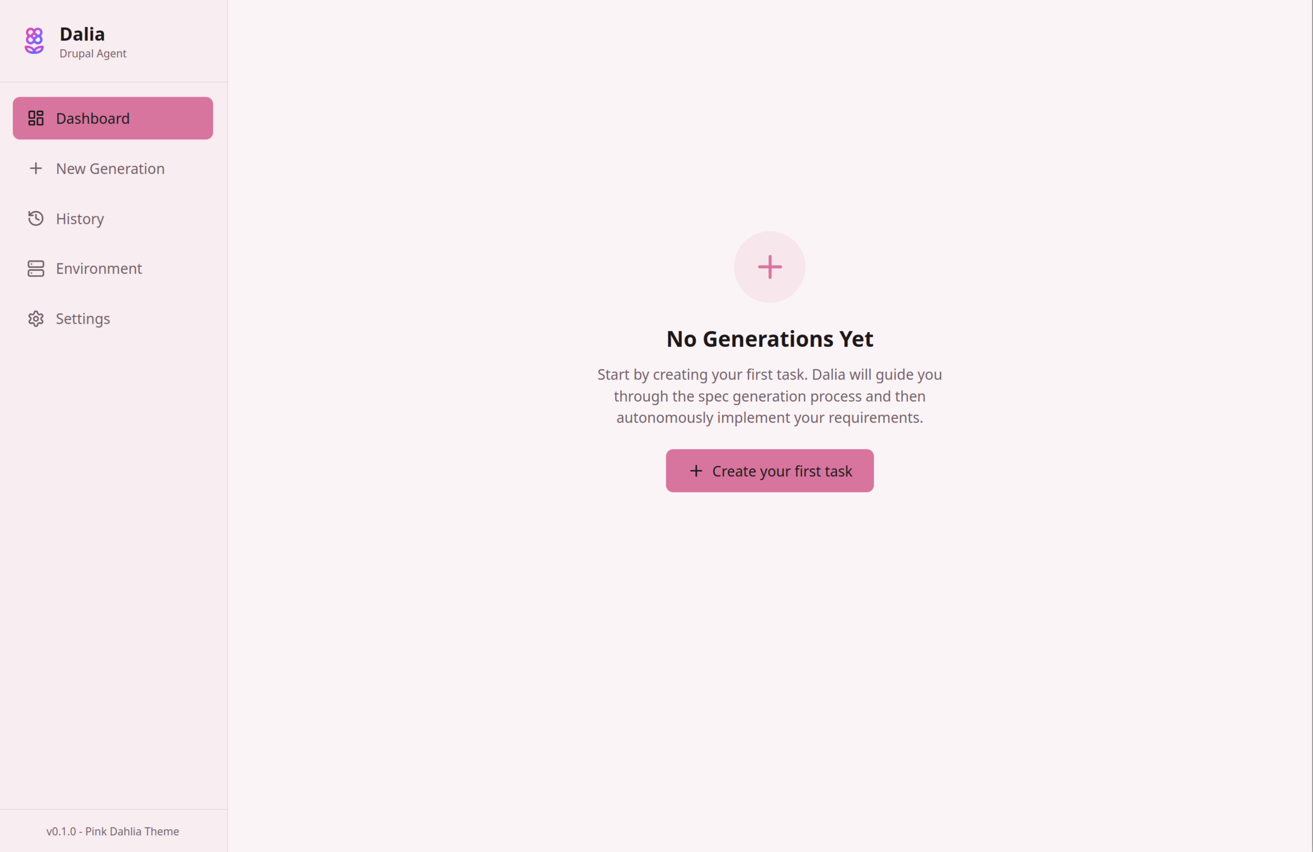 Dalia's dashboard showing the main interface with navigation sidebar and empty state