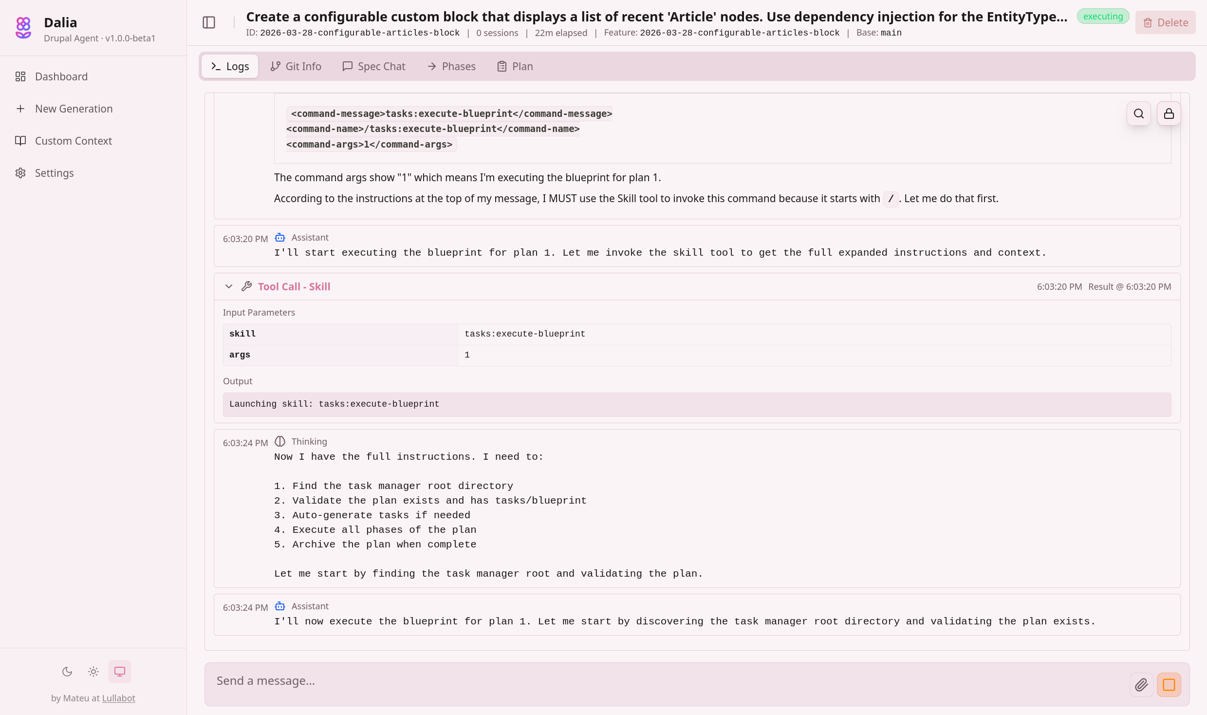 Dalia's execution logs showing blueprint execution with tool calls and thinking
