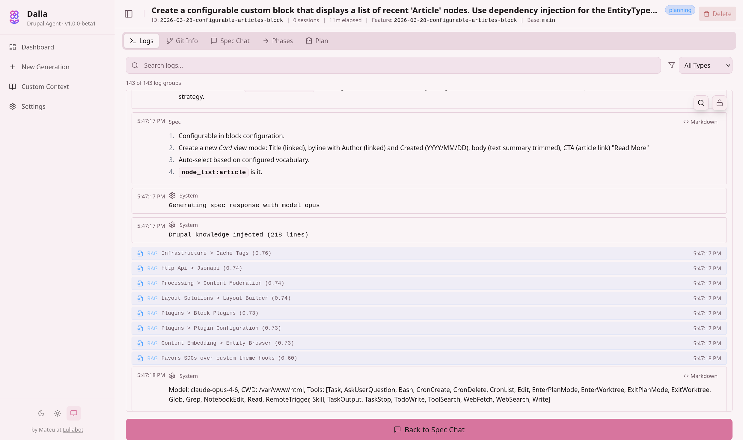Dalia's logs showing RAG-injected Drupal knowledge documents during spec generation