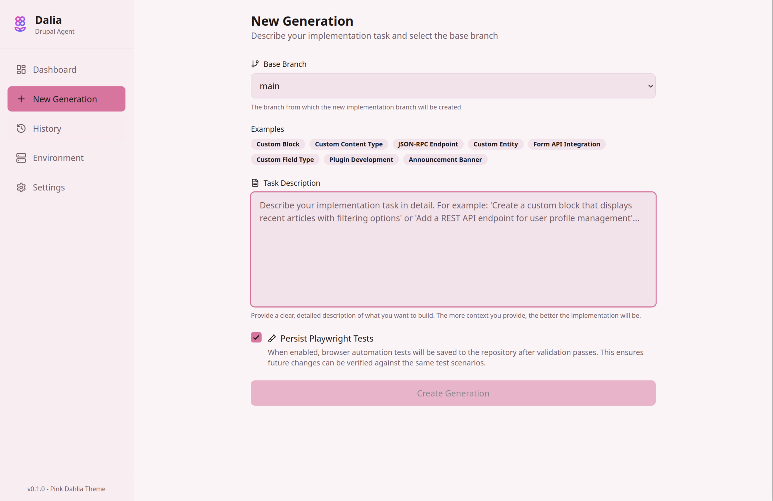 Dalia's new generation form with task description and configuration options