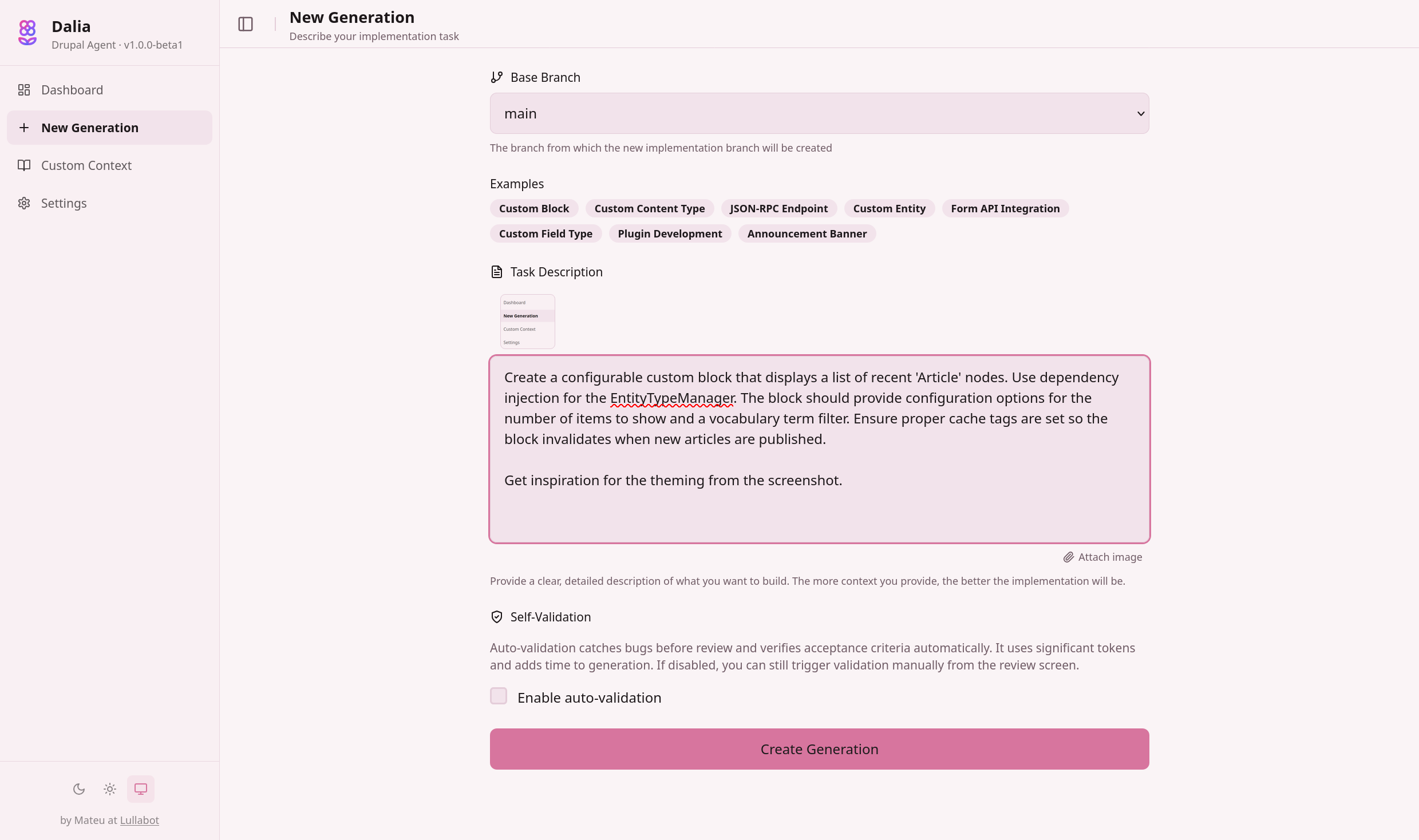 Dalia's new generation form with base branch selector, example prompts, and task description