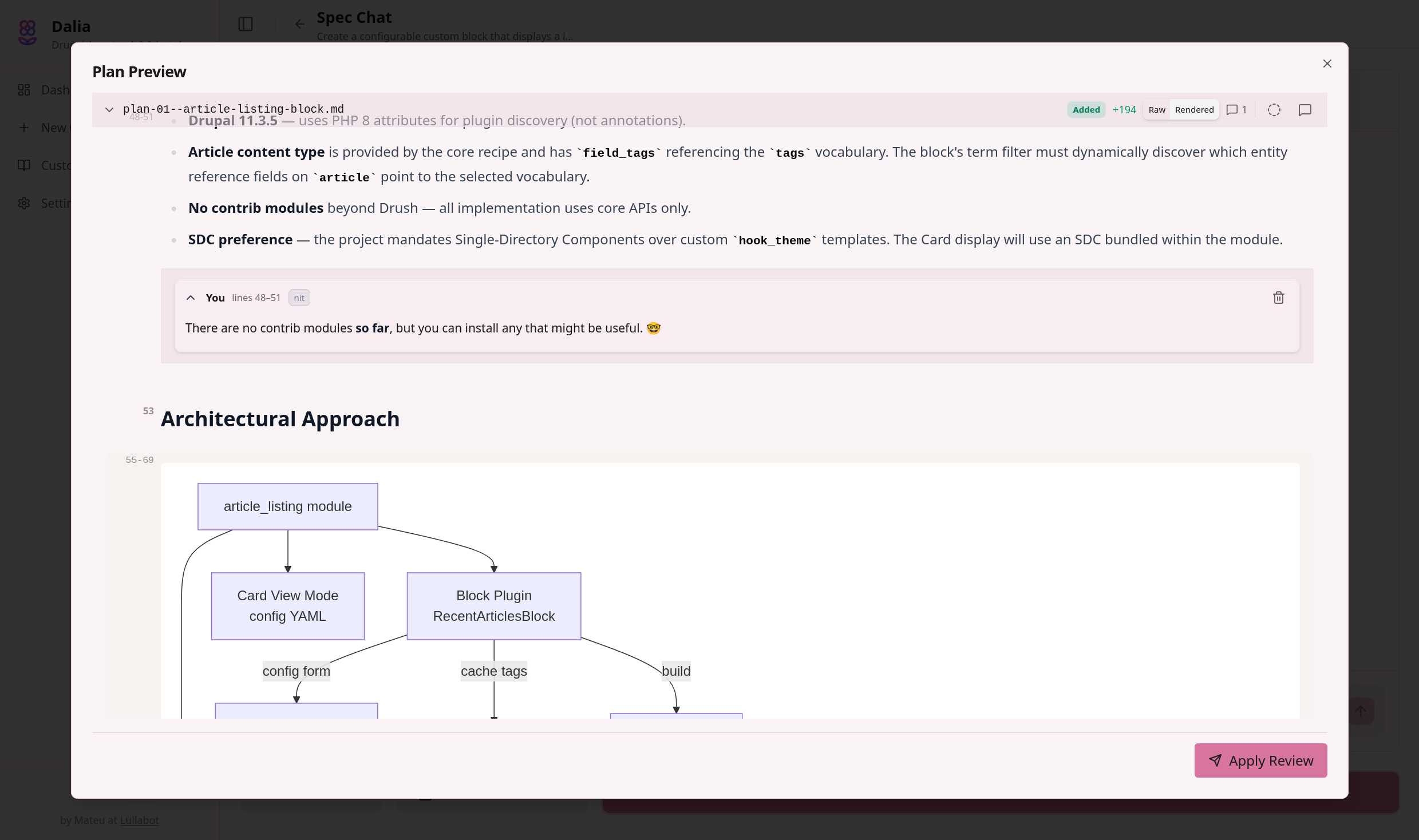 Dalia's plan preview with architectural diagram and inline review comments