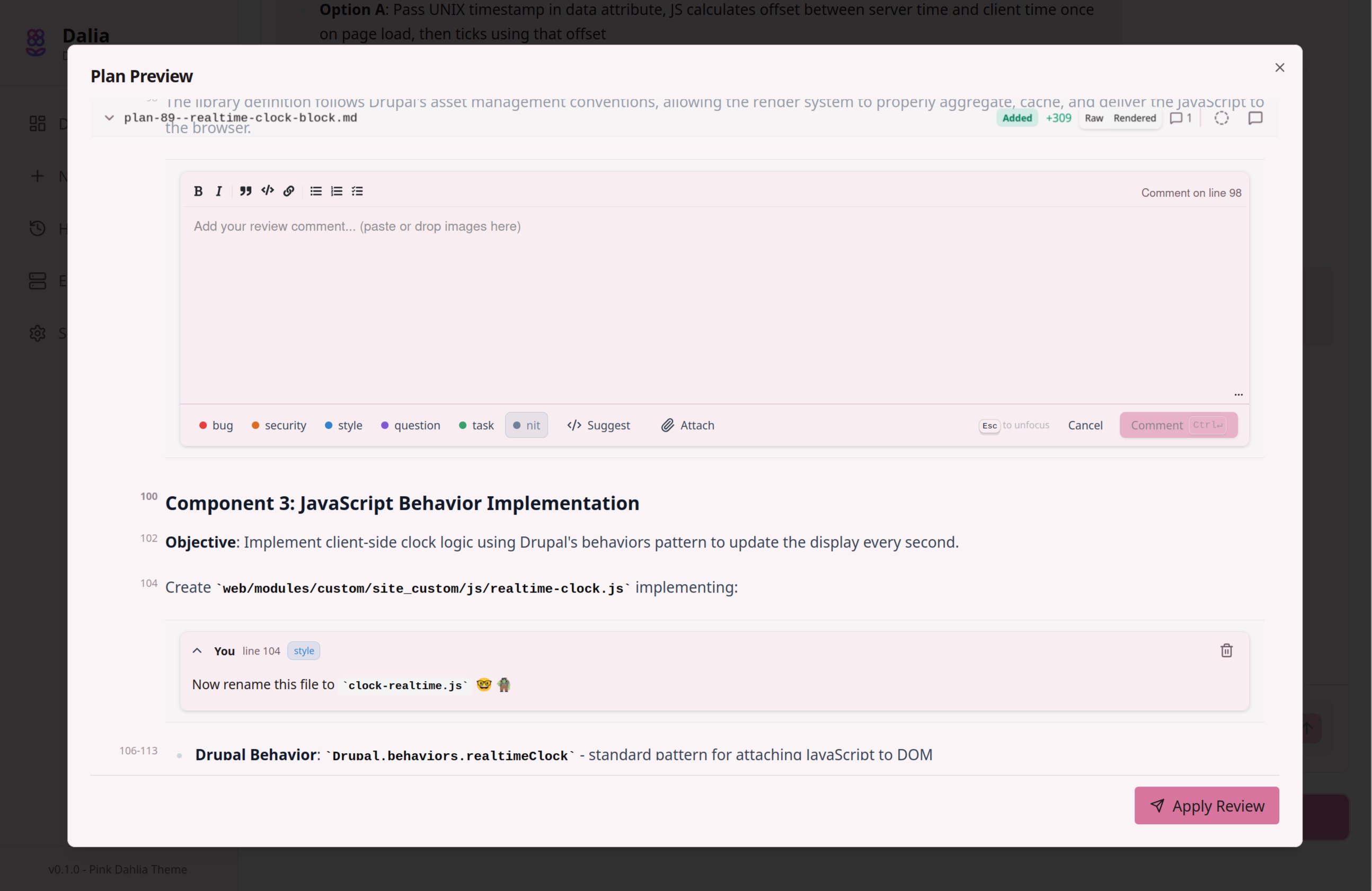 Dalia's plan preview UI with inline comments on rendered markdown