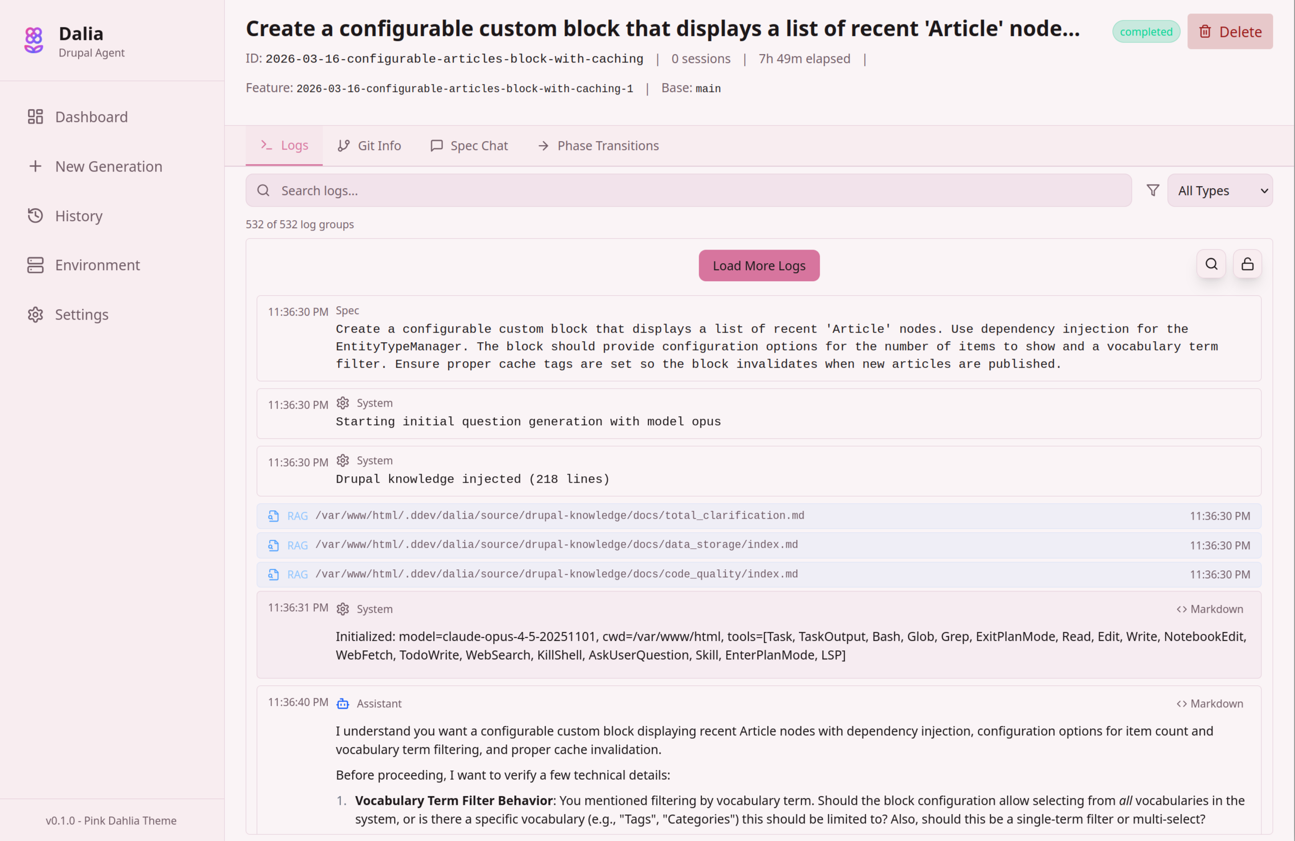 Dalia's logs view showing RAG entries injecting Drupal knowledge documents