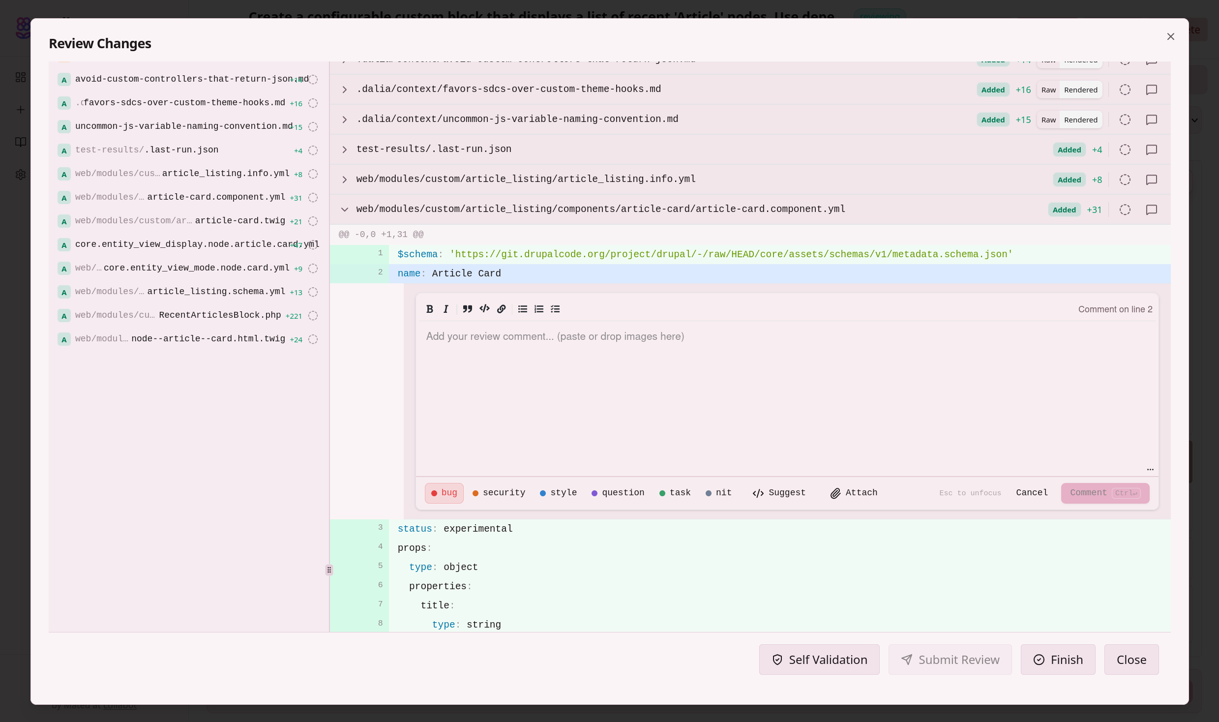 Dalia's code review diff view with file tree, inline commenting, and SDC schema