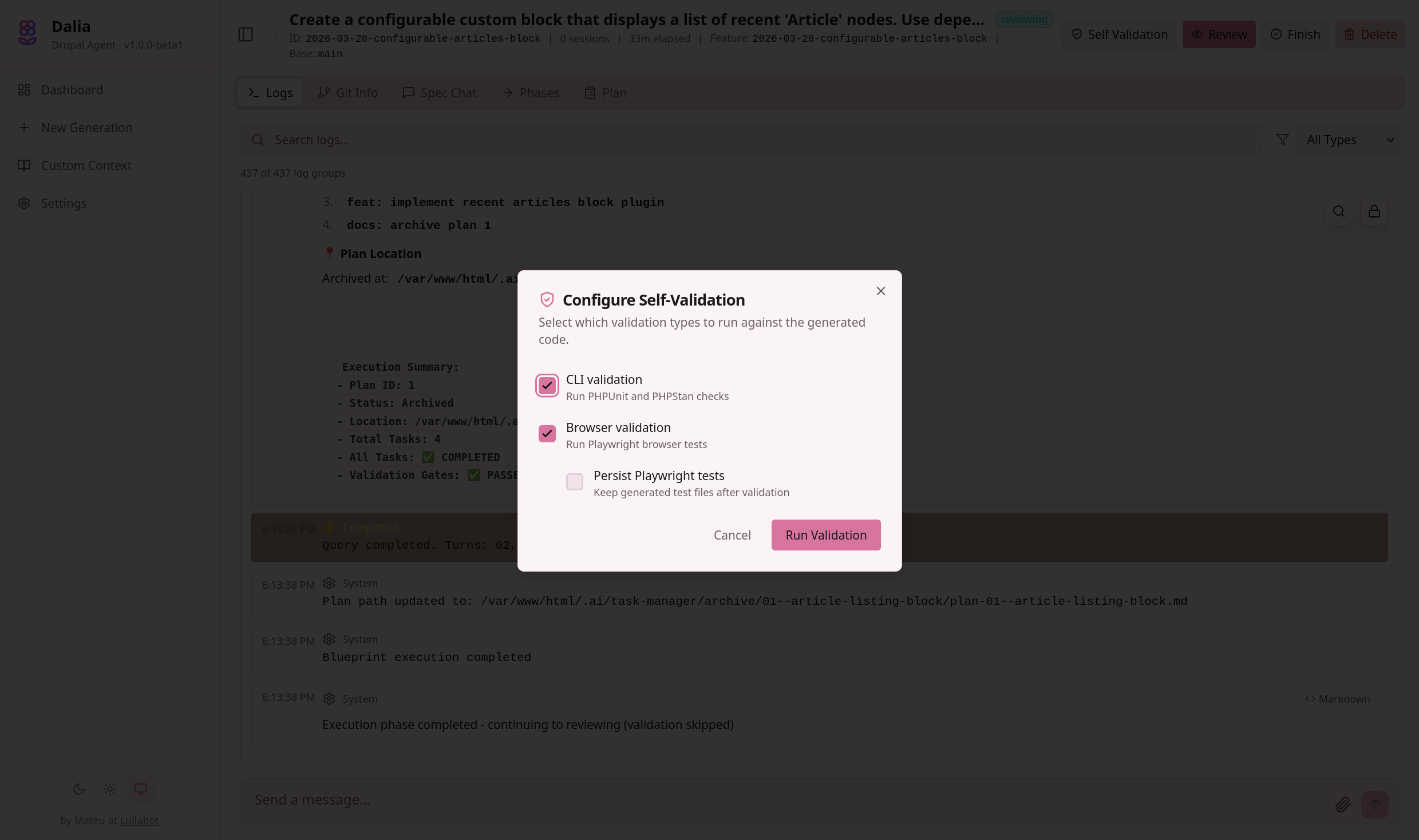 Dalia's self-validation modal with CLI and browser validation options