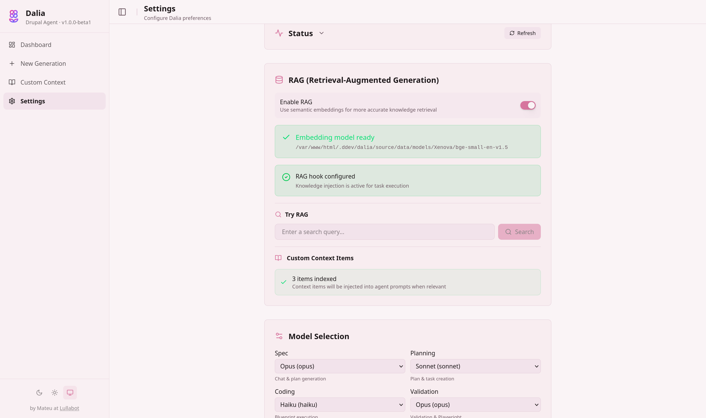 Dalia's settings page showing RAG status, model selection, and environment checks