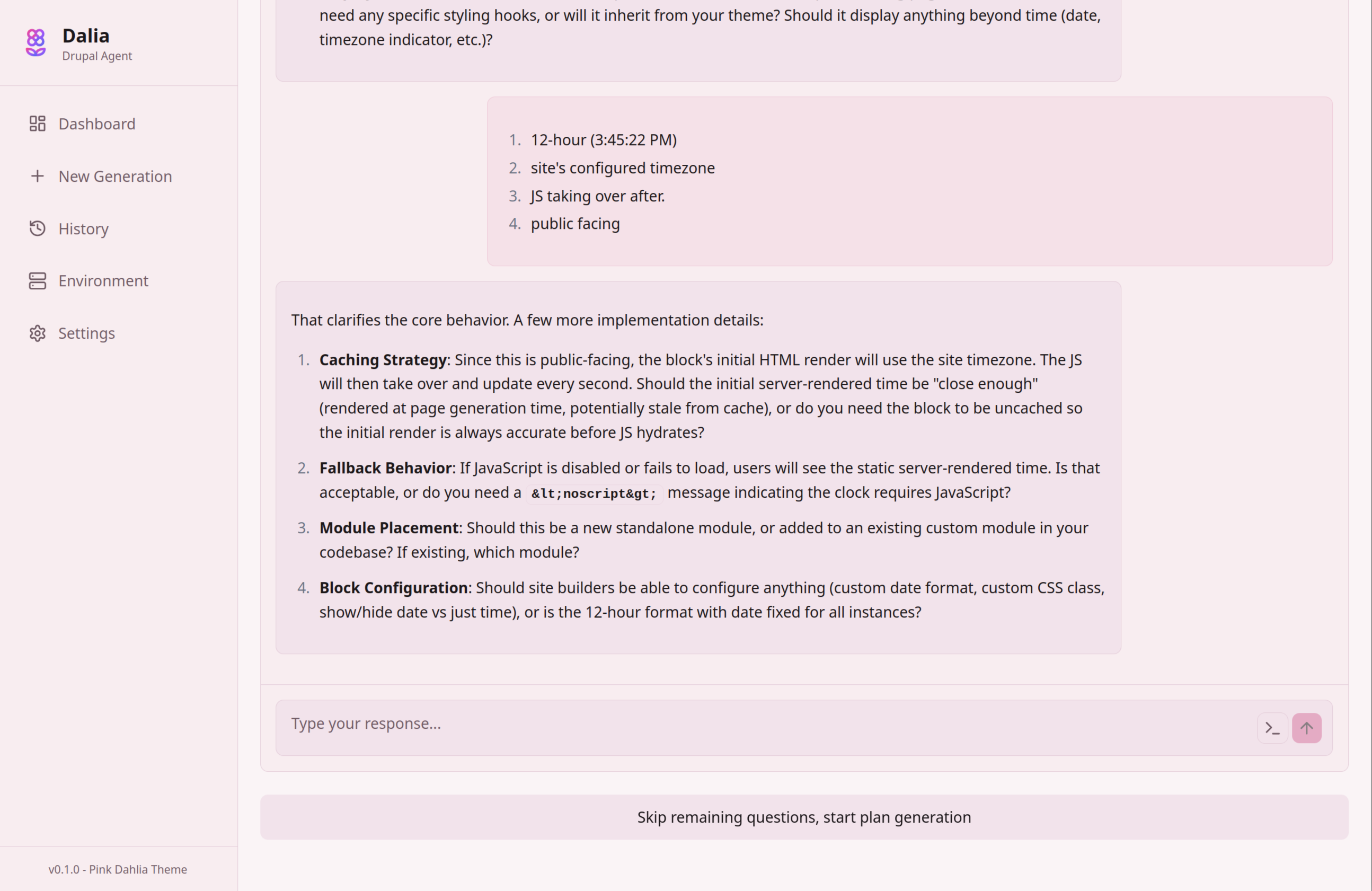 Dalia's spec generation chat where the LLM asks clarifying questions about implementation details