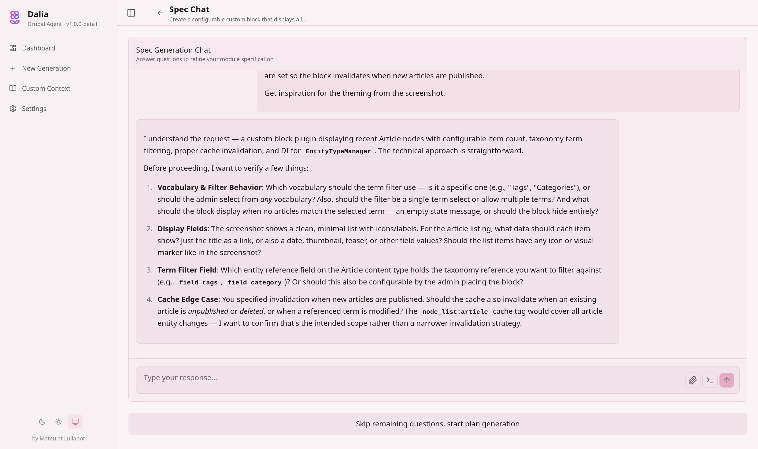 Dalia's spec generation chat where the LLM asks clarifying questions about implementation details