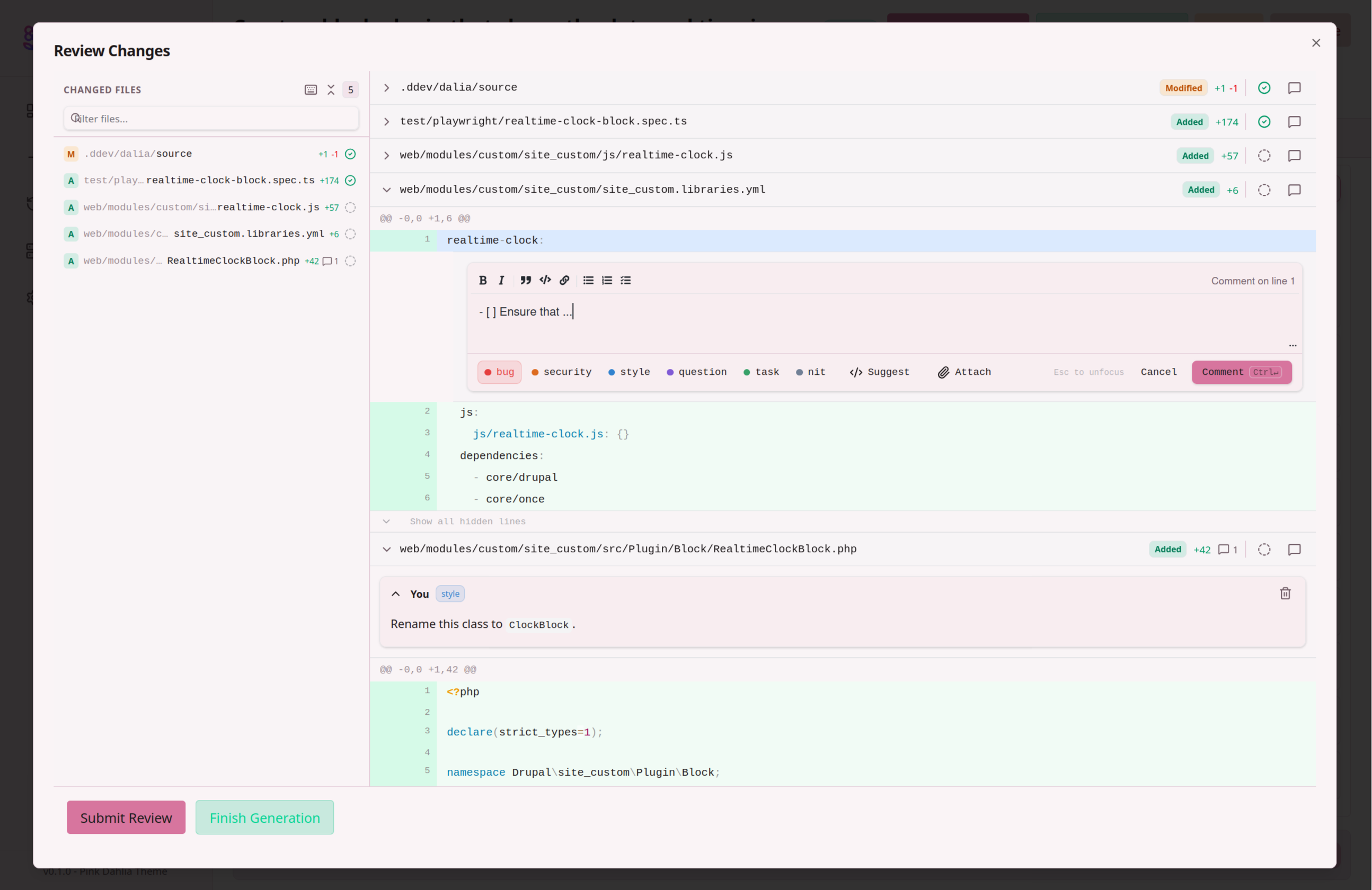 Dalia's spec detail view showing implementation plan with module structure and configuration details